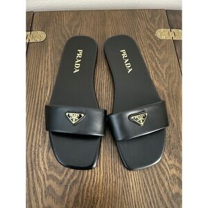 Prada Black Triangle Logo Slide Sandals Size 37.5 EU / 7.5 US